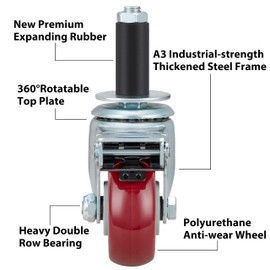 Finnhomy 3 Inch Caster Wheels for Prep Table Set of 4 Heavy Duty Swivel Expanding Stem Casters Fit 7/8" and 1" Tube Leg Industrial Locking Wheels for Stainless Steel Table/Cart/Worktable Leg, Red
