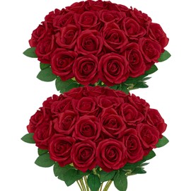 Serwalin 𝟯𝟬𝗣𝗖𝗦 Red Roses Artificial Flowers, Realistic Red Roses Bouquet with Long Stems Fake Silk Roses Flowers for Wedding Centerpieces Bridal Bouquet Christmas Day Party Home Decor