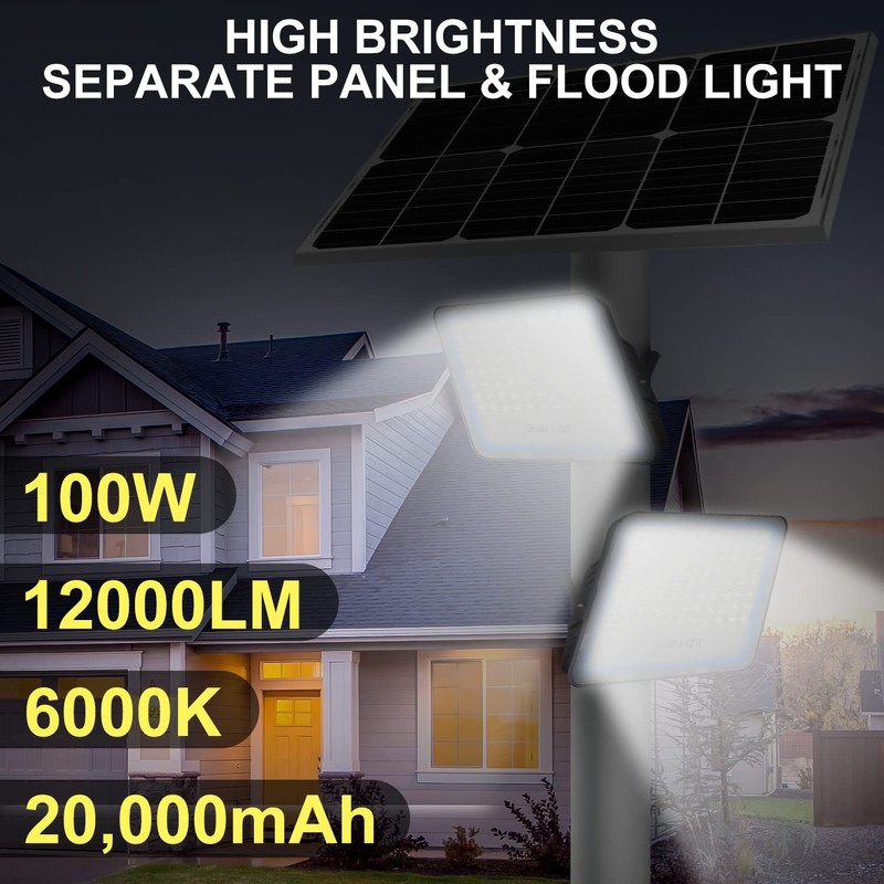 Gebosun 100W 12000LM Solar Flood Light Outdoor with Separate Panel,