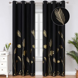 Estelar Textiler Blackout Curtains 84 Inches Long 2 Panels Room Divider Thermal Insulated Leaf Designed Pattern Energy Saving Light Blocking Curtains for Sliding Glass Door, 42Wx84L, Black