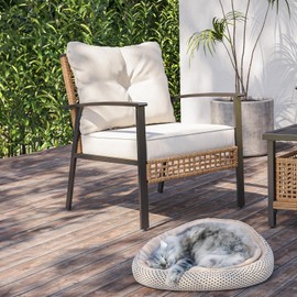 LAUSAINT HOME Outdoor Patio 2 Single Chairs with Deep Seating and Cushions, Comfortable Wicker Bistro Conversation Set for Backyard, Porch, Garden and Poolside, Beige