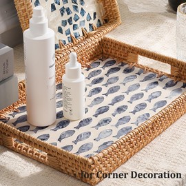 Tynulox Rattan Tray with Mother of Pearl Inlay, Display Wicker Basket with Handles, Rectangle Serving Tray for Bread Fruit Coffee Decoration and Daily Necessity (Fish, 13"×9")