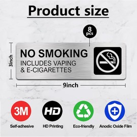 Hyuetrsa 8 Pcs No Smoking Sign No Vaping Sign,9 X 3 Inch for Business, Self-Adhesive, Waterproof, Aluminum Door Wall Sign Silver for Offices Restaurants Hotels Rest Stops Public Restrooms