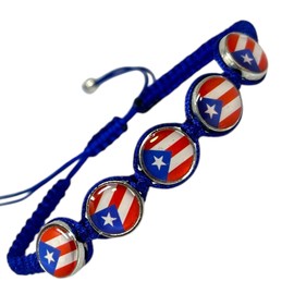 Puerto Rico Flag Bracelet Boricua Bracelet - Balck Puerto Rican Flag Charm - Adjustable Black Braided Band for Men and Women (Blue)