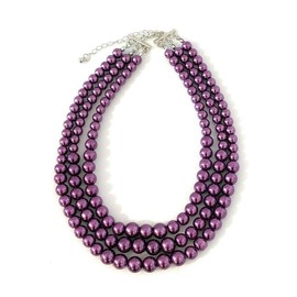 Womens Faux Pearl 3 Layer Multi Strand Gatsby Necklace Statement Bib Bead (Purple)