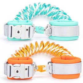 Kids Leash 2 Pack, Toddler Wrist Leashes with Key Lock, Anti Lost Wrist Links Baby Walking Harness for Travel Outdoor Activities(Green+Orange)