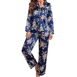 WDIRARA - Conjunto de pijama de satén de 2 piezas para mujer, con botones, Azul Floral, Small