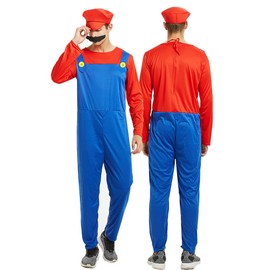 COXNSXX Plumber Brothers Costume Boy/Adult Dress Up Costume with Mustache and Hat for Carnival and Cosplay, Red and Green, S/M/L/XL