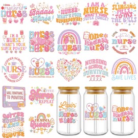 UV DTF Cup Wrap Transfer Stickers: 20 Pcs Nurse Motivational Words UV DTF Cup Wraps for 16 oz Glass, Cute Cartoon Letters Uvdtf Sticker, Inspirational Rub on Transfers, DIY Craft Gifts for Nurses