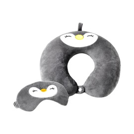 NyxSeat 1 travel pillow, 1 eye mask, penguin children's travel pillow, U-shaped airplane travel pillow, cute travel neck pillow, travel pillow set, suitable for adults and children to sleep