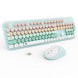Wireless Keyboards Mouse Combos, Colorful Cute Typewriter Full-Size Retro Round Keycaps, 2.4GHz Cordless Sleep Mode Office Quiet Wireless Keyboard and Mouse Set for Desktop Laptop PC Computer