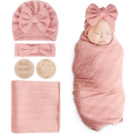 BQUBO Baby Swaddle Blankets for Girls, 4PCS Newborn Accessories Set with Matching Hat and Bow Headband with Hello World Wooden Birth Announcement Card, Baby Blankets for Girls (Pink)