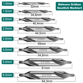 Saipor 8 Pieces HSS Centre Drill Bit Set, 60 Degree Angle Countersunk Drill Bit High Speed Steel Centre Drill Bits for Lathe Milling Metalworking (1/1.5/2/2.5/3/4/5/6 mm)