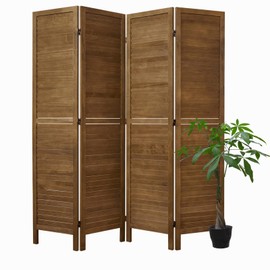 Room Partitions and Dividers, Temporary Wall with Double Hinges, 5.6 Ft Tall Folding Louver Wood Screen for Home Office Bedroom Hotel Decoration (4 Panels, Brown)