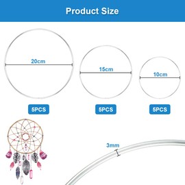 Pack of 15 Metal Rings for Crafts, 10/15/20 cm Silver Metal Ring, Decorative Rings for Hanging, Wire Ring for Crafts, Wire Rings for Crafts, DIY Dream Catcher, Wedding Wreath, Christmas Wreath, Wall