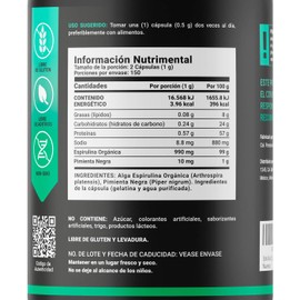 Spirulina Orgánica de 300 Cápsulas 500 mg. Ingredientes naturales: Alga Espirulina. Organic Spirulina B Life.