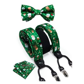 DiBanGu Santa Claus Green Bowtie and Suspender for Men Clip On Suspenders with Pocket Square Cufflinks Set for Christmas Party Gifts