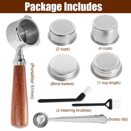 Bottomless Portafilter 51 mm, Filter Holder Compatible with Delonghi Dedica EC680/EC685, 51 mm Stainless Steel Filter Holder with 1/2/4 Cup Filter Basket, Walnut Wood and Stainless Steel Splicing