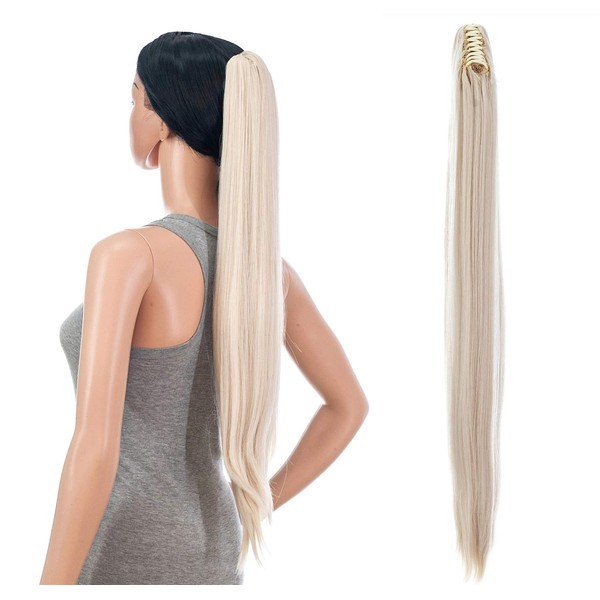 SWACC 28-Inch Long Straight Claw Clip Ponytail Extensions Synthetic Hair Extensions Ponytail Jaw Clip Hair Pieces for Women (Platinum Blonde)