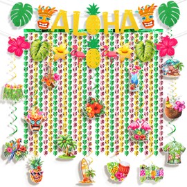Tingjoo 31 Pcs Hawaiian Aloha Party Decorations Include Glitter Aloha Banner 3.3 x 6.6 ft Tropical Palm Leaves Foil Fringe Curtain Hanging Swirl Ceiling Streamers for Summer Luau Birthday Supplies