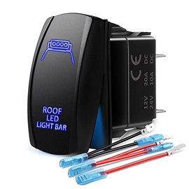 MicTuning LS083001-HF, Laser Roof LED Light Bar On-Off Rocker Switch with Jumper Wire, 5 Pin, 20 Amp, 12V LED Lights, Blue