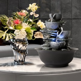 WICHEMI Indoor Water Fountain Tabletop Fountains Waterfall Fountain Indoor Water Feature Feng Shui Zen Meditation Cascading Desktop Fountain with LED Light for Home Office Indoor Decor (Style 15)