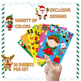 36 Sheets Christmas Party Games Stickers for Kids Make Your Own Christmas Stickers,Make a face Sticker with Christmas Santa Snowman Reindeer Elf for Kids Holiday Christmas Party Favors