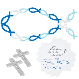Communion Decoration, Wooden Christening 60 Pieces Wooden Fish Blue White and 25 Napkins 'Schön, DASS du da bist!', Christening Napkins Boy Table Decoration Christening Boy Communion Confirmation