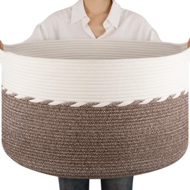 OIAHOMY 90L Blanket Basket for Living Room, Large Basket 23" x 23" x 13" with Handle, Laundry Hamper for Blankets, Pillows, Toy Storage for Kids, Dogs - Brown & White