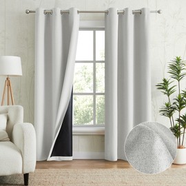 Melodieux 100% Blackout Linen Textrued Curtains for Living Room, Full Light Blocking Thermal Insulated Grommet Curtain Drapes with Black Back for Bedroom, 42 x 84 Inch, Greyish White (2 Panels)