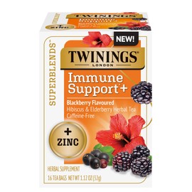 Twinings Superblends Immune Support+ Zinc Blackberry Flavoured Hibiscus & Elderberry Herbal, Caffeine-Free, 16 Tea Bags (Pack of 6)