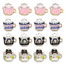 16Pcs Dainty Jewelry Charm Teacup Cat European Pedants Colorful Printed Enamel Charms Womens Cute Charms Bulk Anime Cat Charms For Girls diy Crafts Bracelets Earrings Necklace Anklet Charms Cat