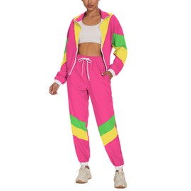 UOUA Women's Color Block 2 Piece 80s 90s Outfits Long Sleeve Windbreaker Jacket Tracksuit Set Pink XXL