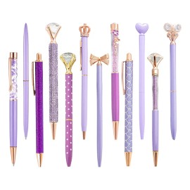 12 Plumas Lapiceros Bolígrafos Retráctil ,diamante Brillo Exterior Violeta