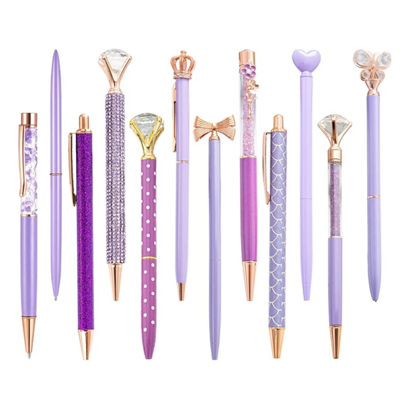 12 Plumas Lapiceros Bolígrafos Retráctil ,diamante Brillo Exterior Violeta