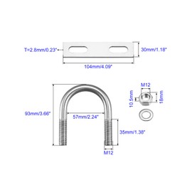 Unifizz Round U-Bolt,1 Set 304 Stainless Steel M12 U Bolts 57mm(2.25") Inner Width 93mm Length with Nuts and Frame Plate for Automobiles Boat Trailer