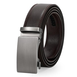 JasGood Leather Men's Belt, Sliding Ratchet Leather Belt for Men, Suit with Automatic Buckle, 3.5 cm Wide, E-coffee (silver brushed buckle)