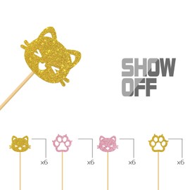 MonMon & Craft Cat Paw Print Cupcake Toppers/Kitten Birthday Cupcake Toppers/Baby Shower/Children Girl's Birthday Sign Pet Cat Party Cupcake Decor Glitter 24 Pcs