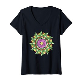 Womens Vintage Flower & Nature Mandala Colorful Graphic Design V-Neck T-Shirt