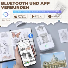 PRAOAHEI Mini Printer, Portable Photo Printer with 10 Rolls of Printer Paper, Bluetooth Label Printer, Thermal Printer for Notes, Photos, Diaries, DIY, Compatible with iOS and Android