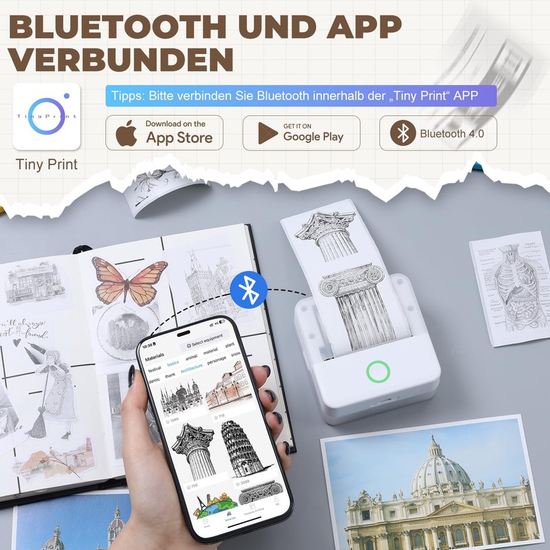 PRAOAHEI Mini Printer, Portable Photo Printer with 10 Rolls of