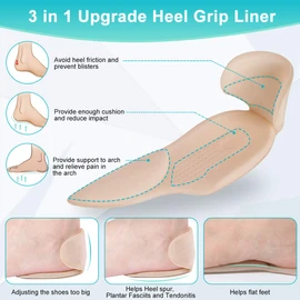 Agarre de talón con soporte de arco, forro de talón autoadhesivo, inserto de talón antideslizante para evitar ampollas, deslizamiento, Rubbibg, inserto de cojín de talón trasero para mejorar los zapatos demasiado grandes, 2 almohadillas para orejas de ag