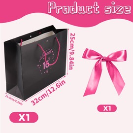 Hongplus Black with Hot Pink Sweet 13th Birthday Gifts Bag with Greeting Handles and Ribbon for Girls 13 Year Old Birthday Gifts Wrapping Bag for Party Favors Goodie Wrapping Bag Decorations Supplies