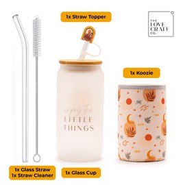 The Love Crate Co. Boho Gifts for Women - Cute Design Glass Cup with Lid and Straw, Customized Stopper and Insulated Koozie for Iced Coffee and Smoothies. Giftable Unique Tumbler Cups for Women