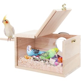 Parakeet Nesting Box with Perch, Small Bird Breeding Box with Transparent Window, Natural Wood Bird House for Cage for Parrot Cockatiel Lovebirds Budgie Finch Parrotlets Canary, Medium (5.9*5.9*11.6")