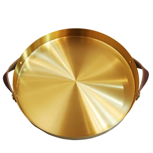 12 Inch Round Golden Tray with Brown Handle, Metal Vanity