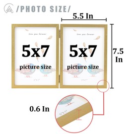 AEVETE 5x7 Picture Frames Double Hinged Wood Folding Photo Frames Vertical with Real Glass Front, Gold