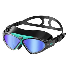 OutdoorMaster Swim Mask - Wide View Swimming Mask & Goggles Anti-Fog Waterproof, Blackgreen Frame Blue Mirror Len