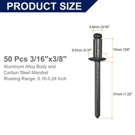 sourcing map 50Pcs 3/16"x3/8" Aluminum Blind Rivets, Aluminum Grip and Steel Mandrel, Dome Head Long Split Rivets for Metal, Furniture, Automotive, Black