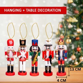 SHATCHI 13cm Wooden Christmas Nutcrackers 5pcs Set - Soldiers King Puppet Moving Parts Figurines Christmas Tree Hanging Decoration Ornaments